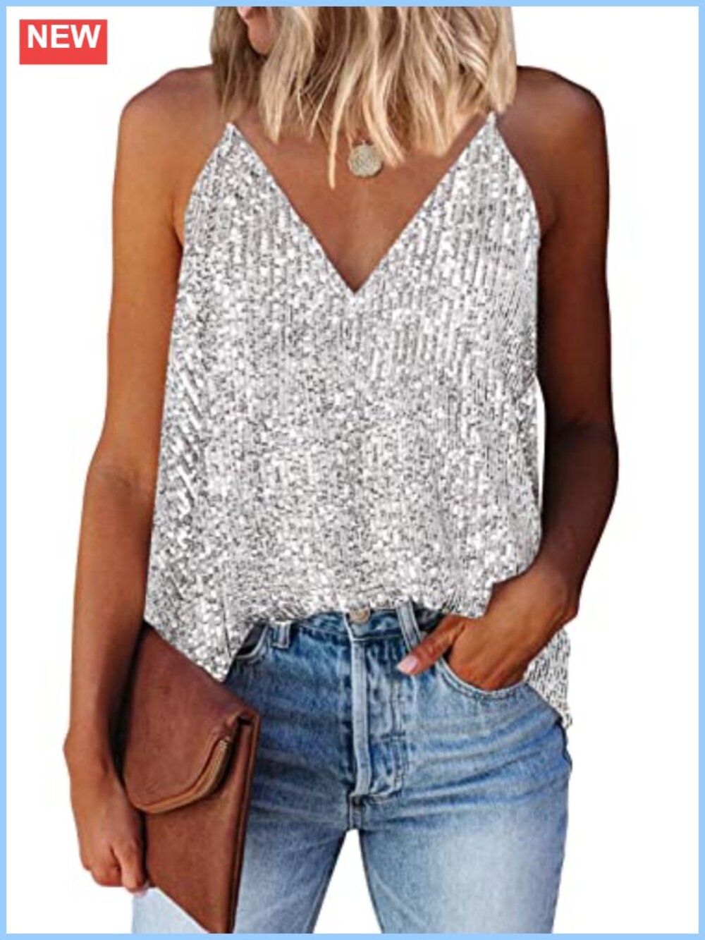 Sequin V Neck Tank Top Racerback Sleeveless